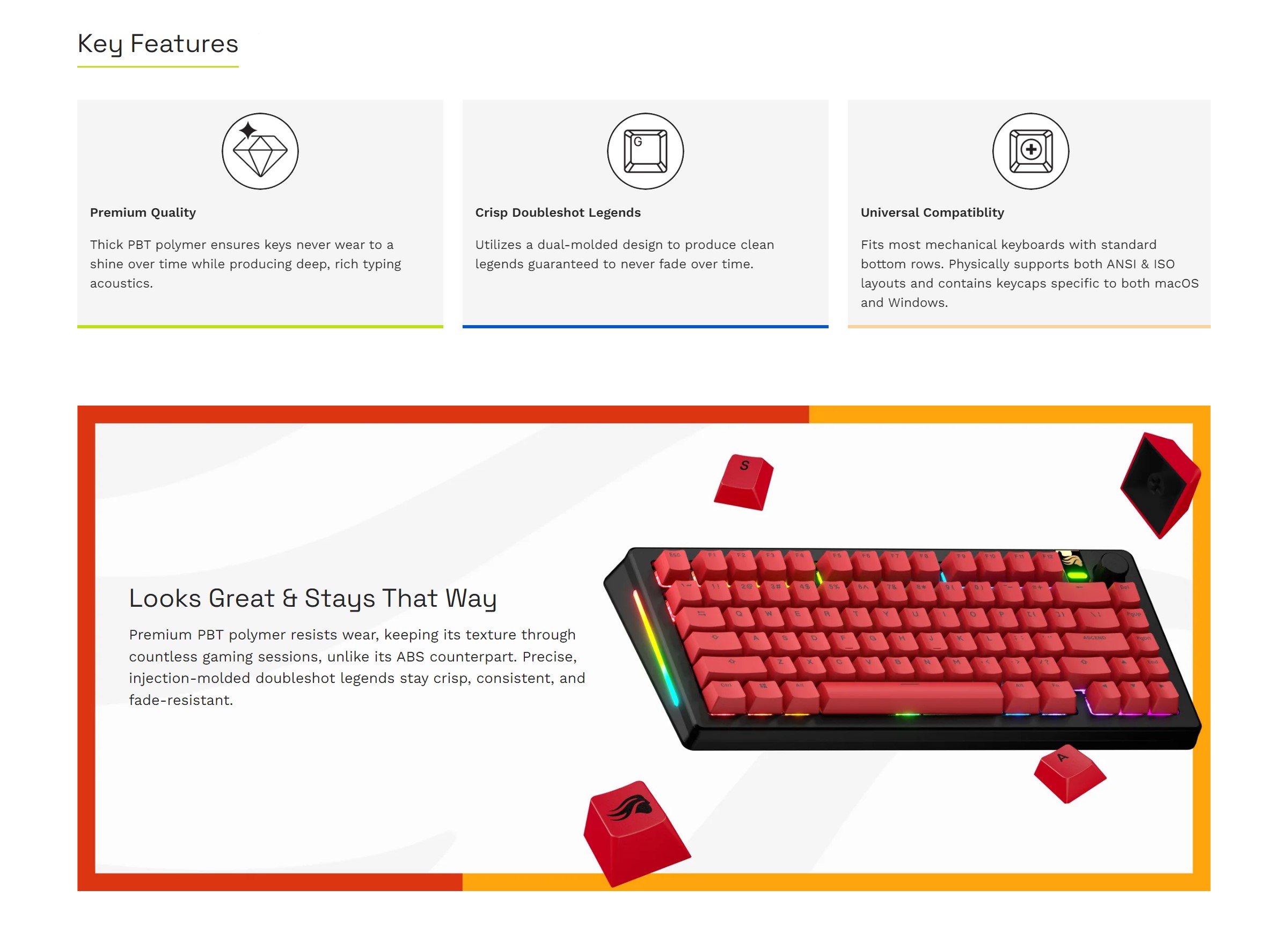 A large marketing image providing additional information about the product Glorious GPBT Basics Keycaps - Revive Red - Additional alt info not provided